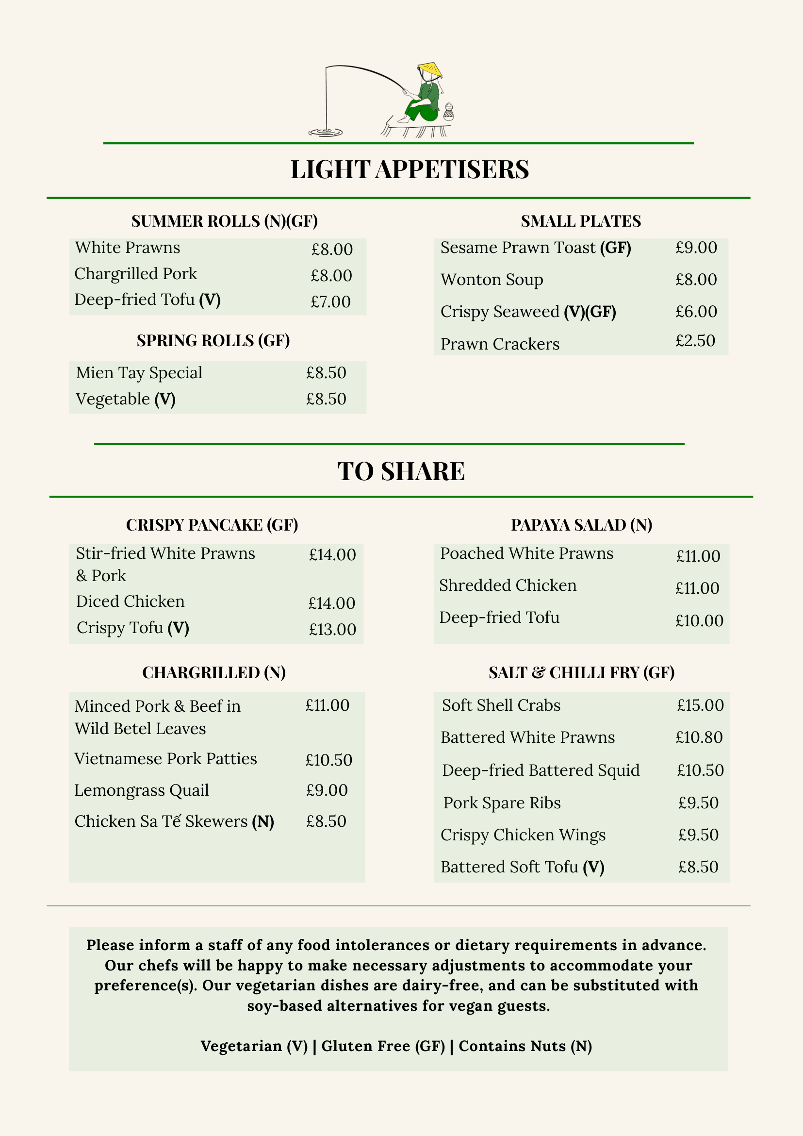 menu at Mien Tay restaurant