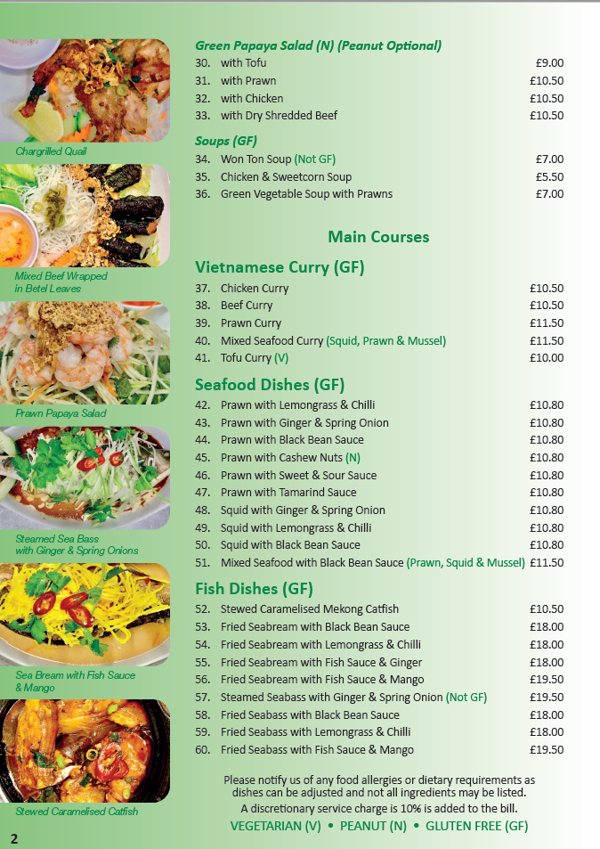 menu at Mien Tay restaurant