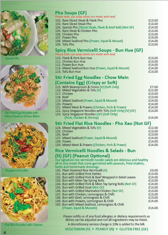 menu at Mien Tay restaurant
