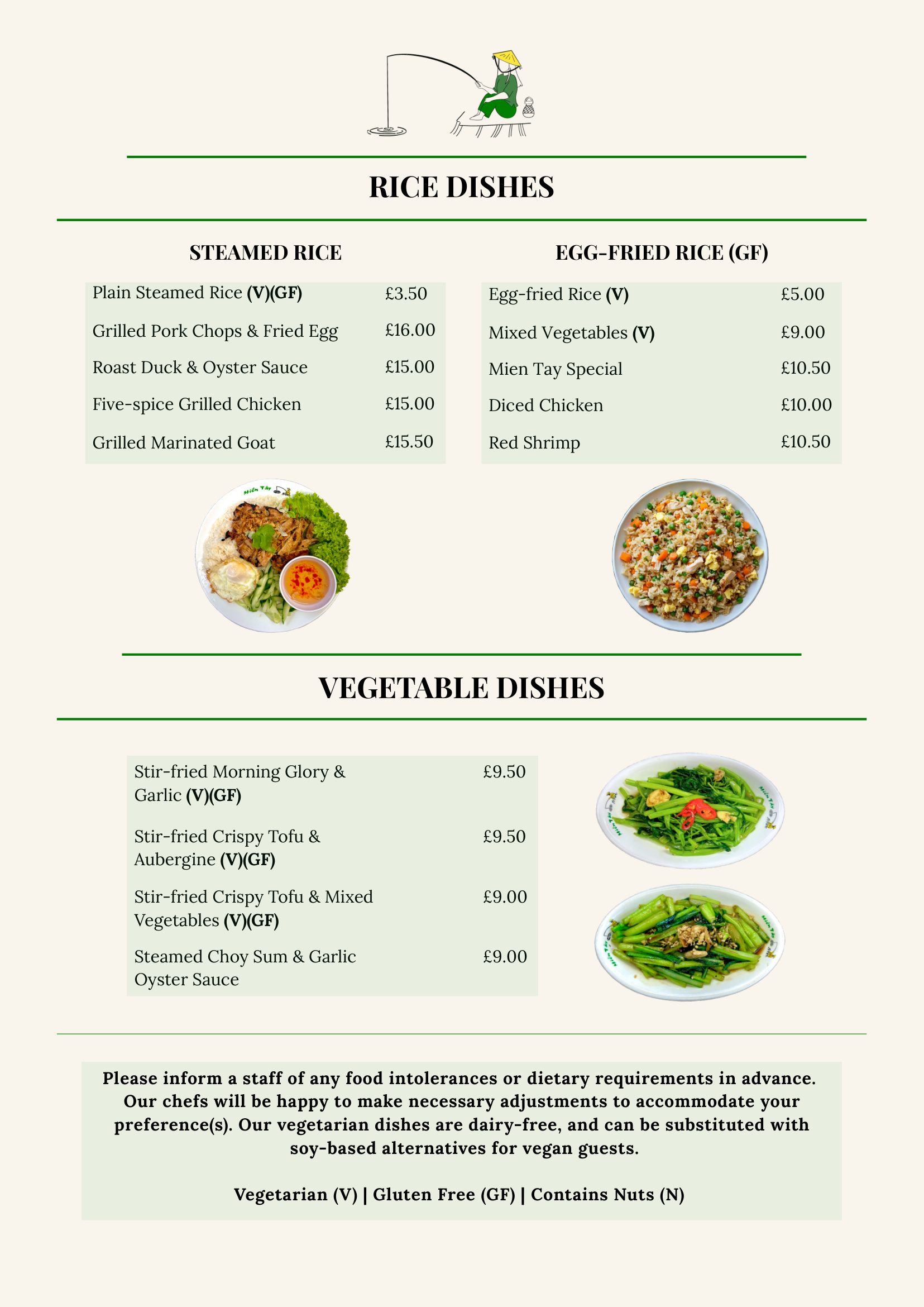 menu at Mien Tay restaurant